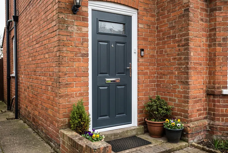 Anthracite grey composite front door with a glazed top panel on a red brick house