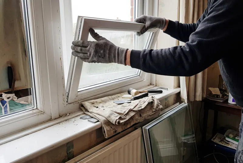 Technician removing a misted double glazed unit from a white uPVC window