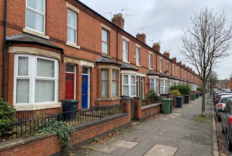 Street of Victorian red-brick terraced houses with bay windows