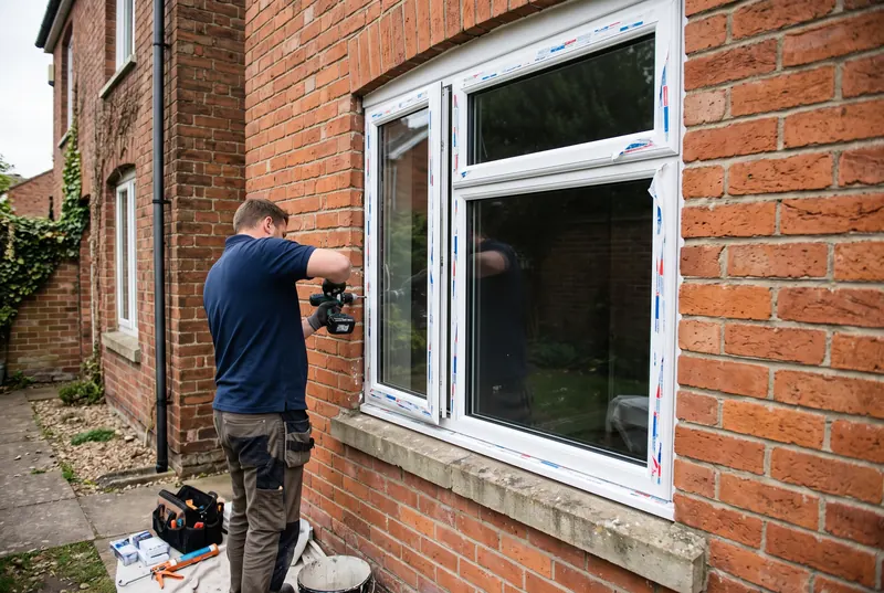 Window fitter installing a new white uPVC window into a brick wall